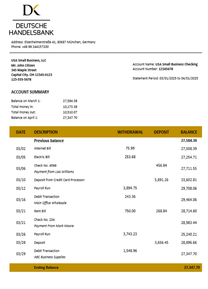 Relevé de compte ferme de la Deutsche Handelsbank Format Word et PDF